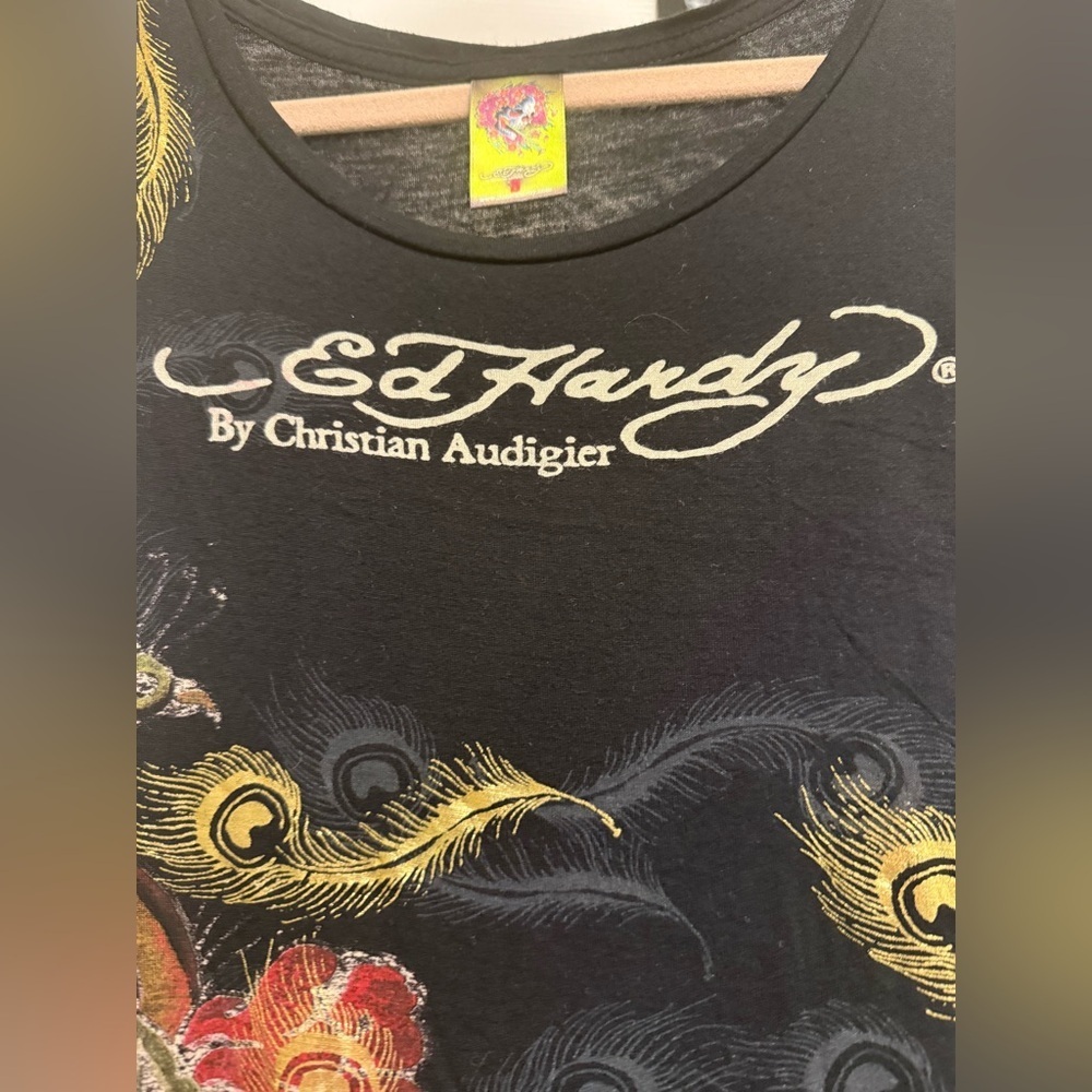 Ed Hardy Vintage Y2K Women’s Black Peacock Print Sleeveless Top Size Small - Picture 3 of 5